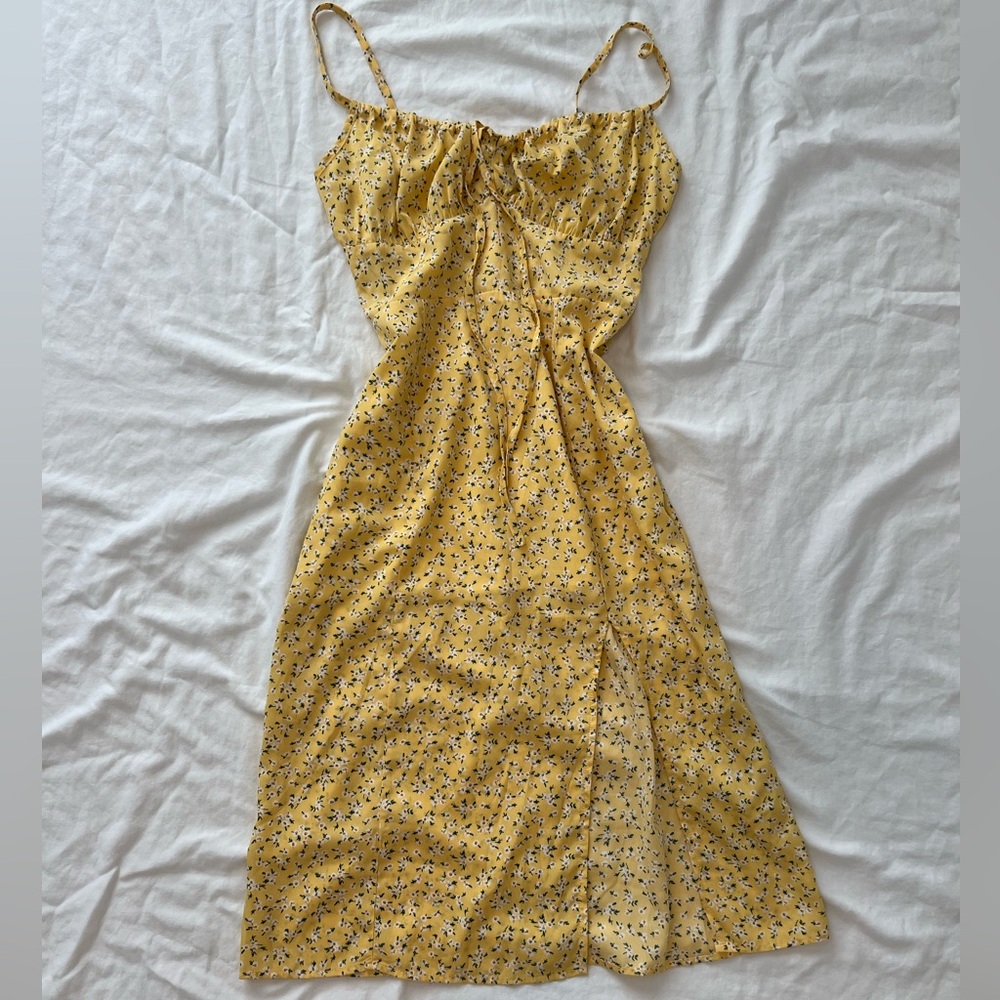 Yellow Floral Slit Thigh Cami MIDI Dress